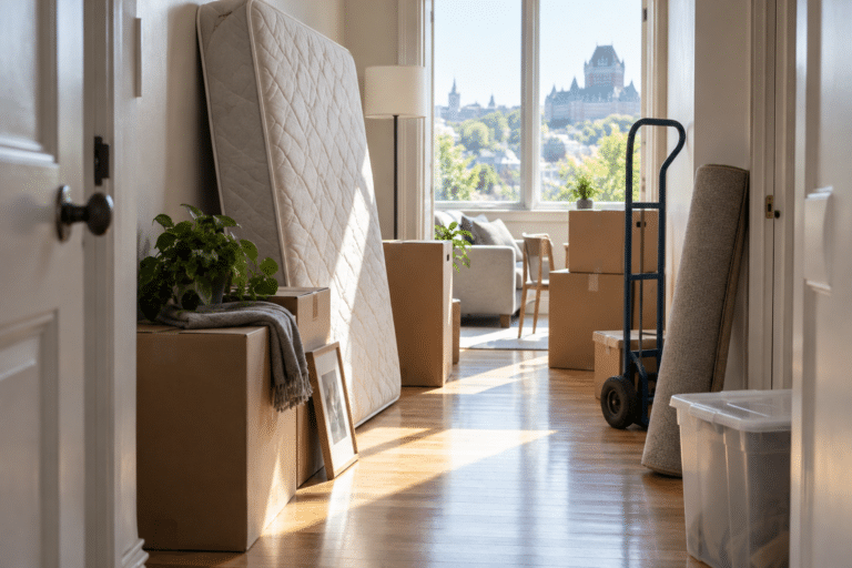 Couloir ensoleillé d’appartement en déménagement, matelas debout et cartons