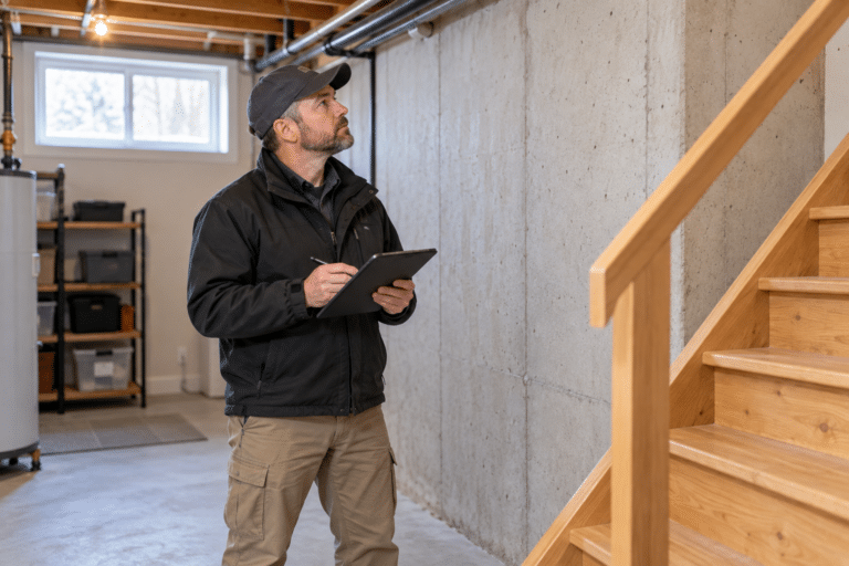 Homme tenant une tablette dans un sous-sol en béton près d’un escalier