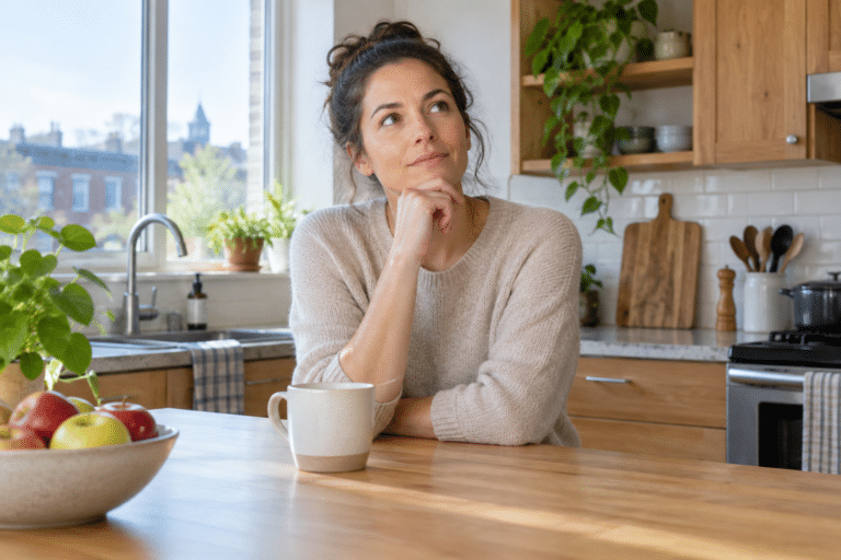 Femme en pull beige, assise à un îlot de cuisine en bois, mug et bol de pommes au soleil