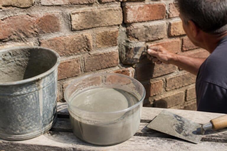 Personne travaillant les joints d’un mur de briques, avec un seau et une truelle au premier plan