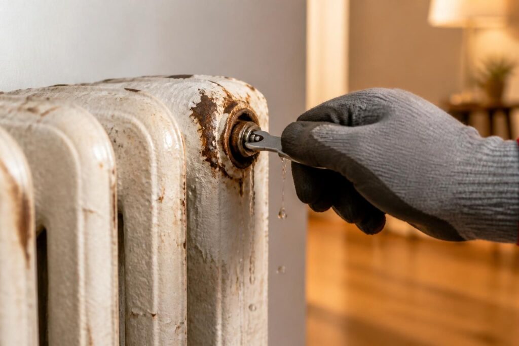 Main gantée actionnant une petite clé sur un radiateur en fonte, eau qui goutte