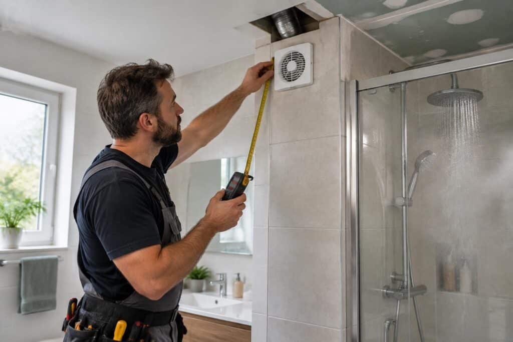 Un homme mesure avec un mètre ruban près d’un extracteur mural blanc, à côté d’une douche vitrée.